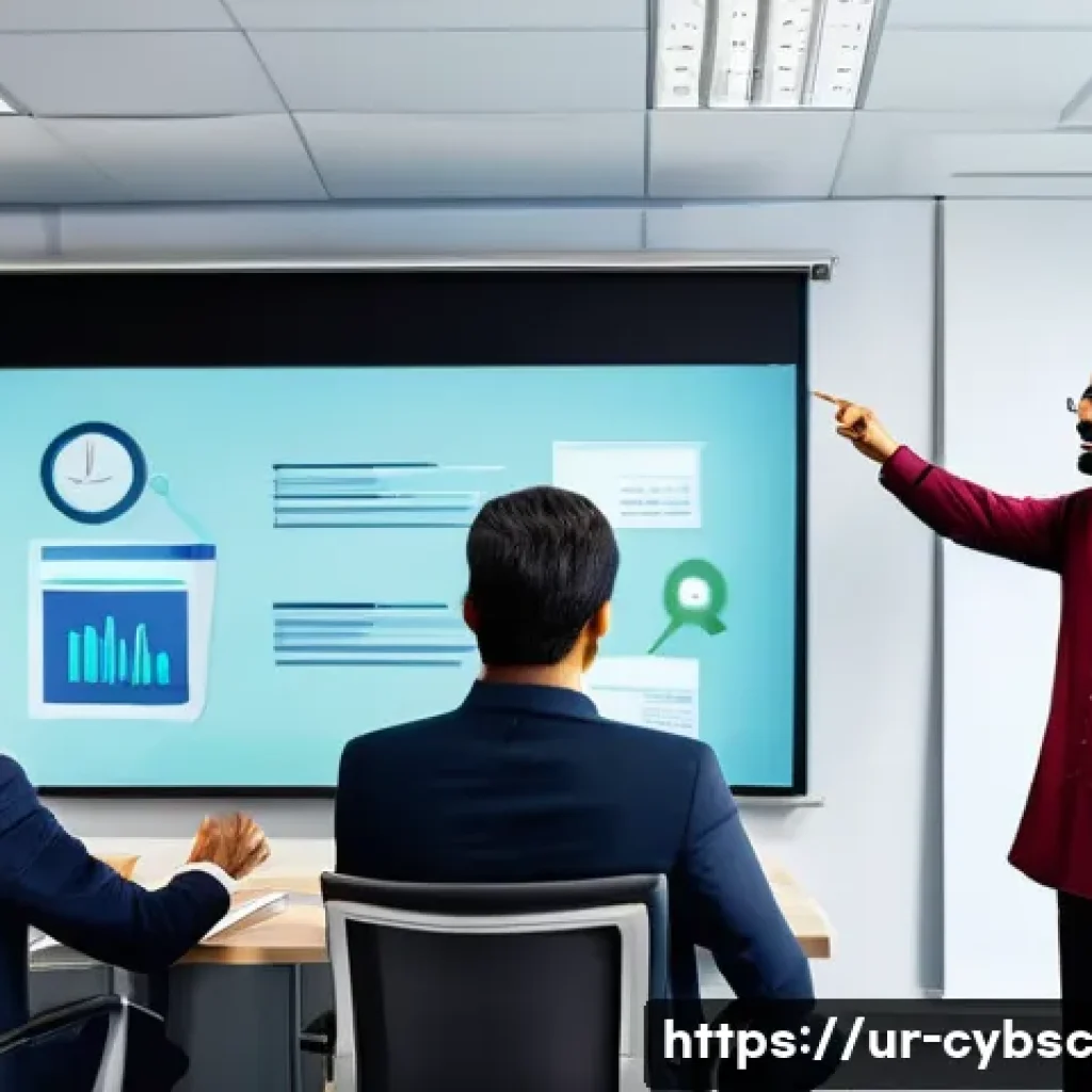 사이버 보안 인식 프로그램을 위한 KPI 설정 방법 - **Prompt:** A diverse group of Pakistani office professionals (men and women of varying ages, some w...