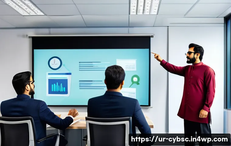 사이버 보안 인식 프로그램을 위한 KPI 설정 방법 - **Prompt:** A diverse group of Pakistani office professionals (men and women of varying ages, some w...