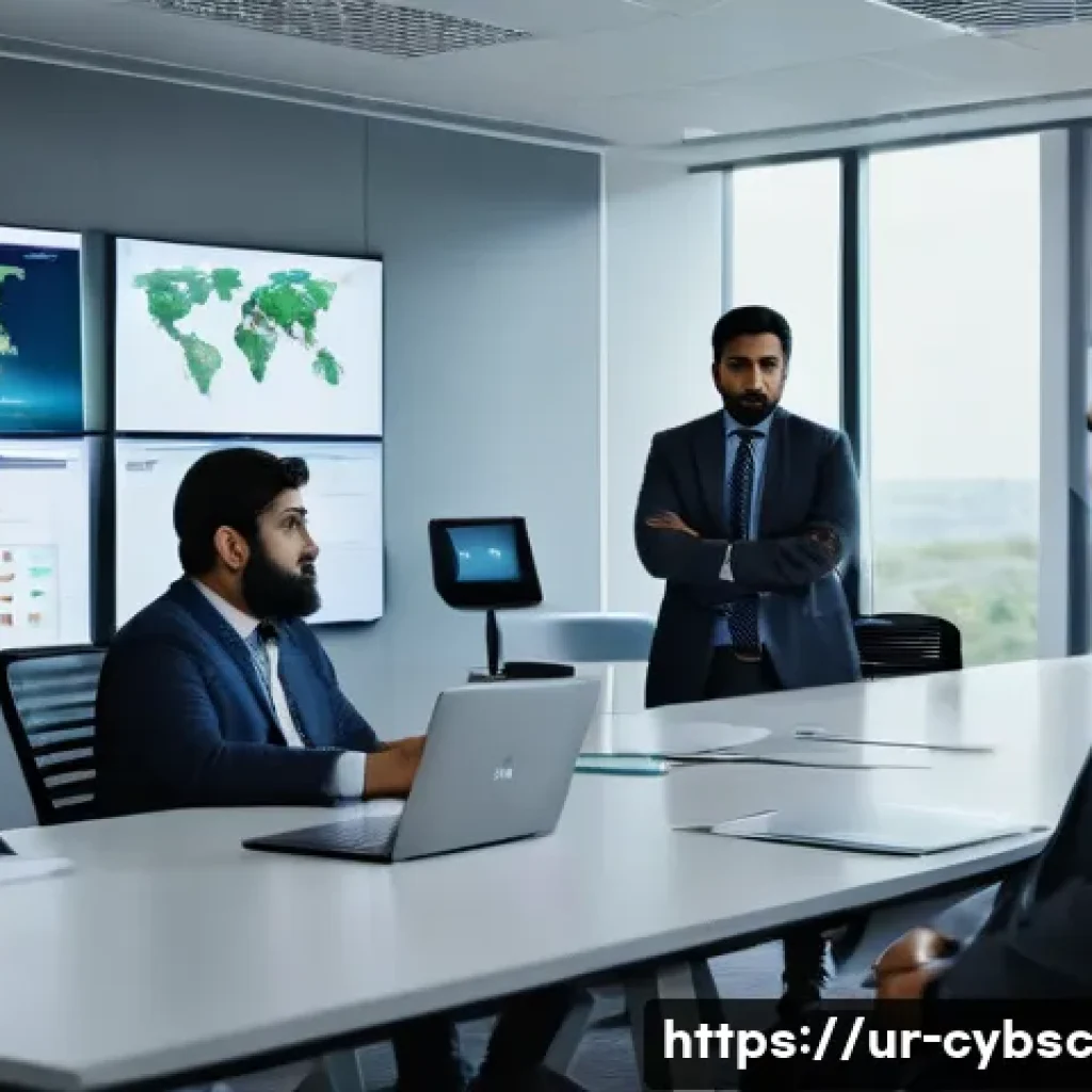 사이버 보안 인식 교육과 리더십의 상관관계 - A professional Urdu-speaking cybersecurity team meeting in a modern office setting, featuring a conf...