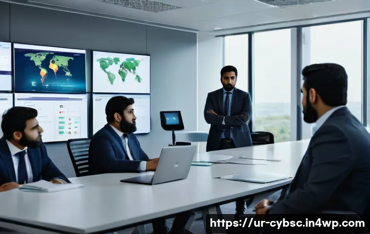 사이버 보안 인식 교육과 리더십의 상관관계 - A professional Urdu-speaking cybersecurity team meeting in a modern office setting, featuring a conf...