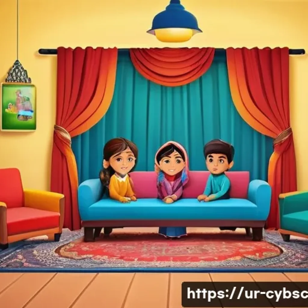 효과적인 사이버 보안 인식 캠페인 사례 - A vibrant and engaging animated scene designed for Urdu-speaking children aged 6-12, featuring color...