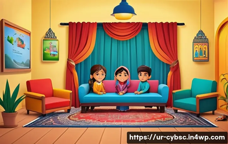효과적인 사이버 보안 인식 캠페인 사례 - A vibrant and engaging animated scene designed for Urdu-speaking children aged 6-12, featuring color...