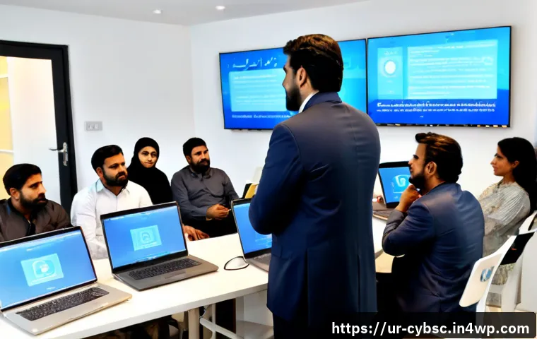 Home 17 사이버 보안 인식 교육에서의 최신 도구 및 기술 - Photorealistic cybersecurity awareness workshop in a modern Pakistani office, a diverse group of Urd...